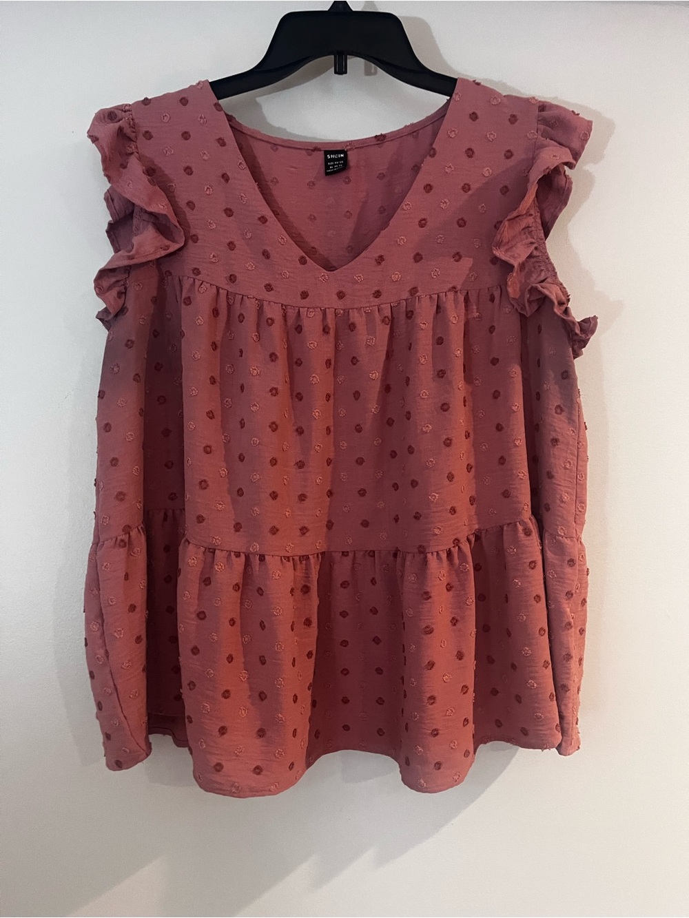 SHEIN Dusty Rose Ruffled Swiss Dot V-Neck Top